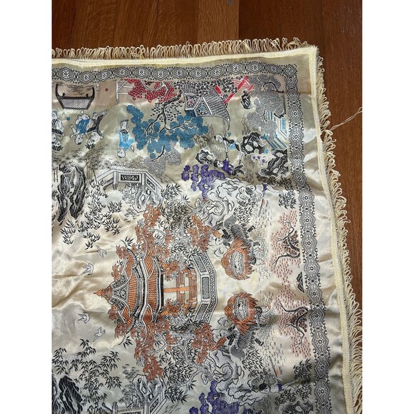Vintage Chinese Silk Embroidered Tapestry 36" Square Pagoda Dragon Lion Dance - Picture 2 of 11